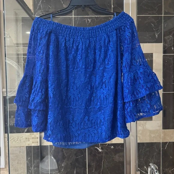 Lilly Pulitzer Royal Blue Lace Off-Shoulder Ruffle Sleeve Top, size M, NWT. - Picture 2 of 4